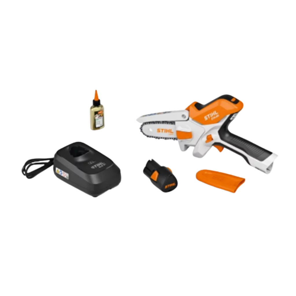 Scie de jardin à batterie STIHL GTA 26 PACK avec batterie AS 2 et chargeur AL 1, disponible chez Défi-Mat Jardin.