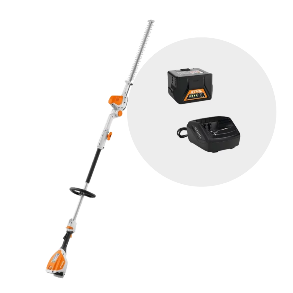 Taille-haies sur perche à batterie STIHL HLA 56 PACK avec batterie et chargeur, disponible chez Défi-Mat Jardin.