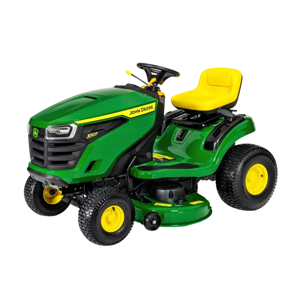 Tondeuse autoportée John Deere X107 avec éjection latérale, disponible chez Défi-Mat Jardin.
