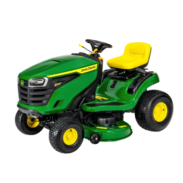 Tondeuse autoportée John Deere X107 avec éjection latérale, disponible chez Défi-Mat Jardin.