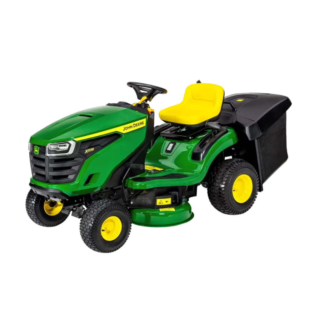 Tondeuse autoportée John Deere X117R avec bac de ramassage intégré, disponible chez Défi-Mat Jardin.