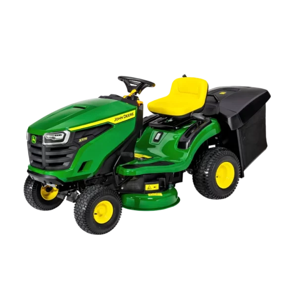 Tondeuse autoportée John Deere X117R avec bac de ramassage intégré, disponible chez Défi-Mat Jardin.