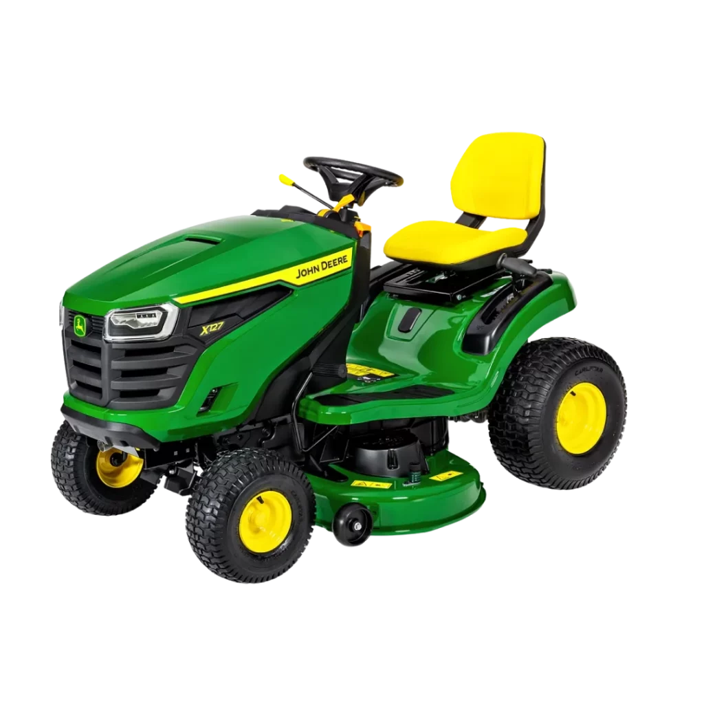 Tondeuse autoportée John Deere X127 avec éjection latérale, disponible chez Défi-Mat Jardin.