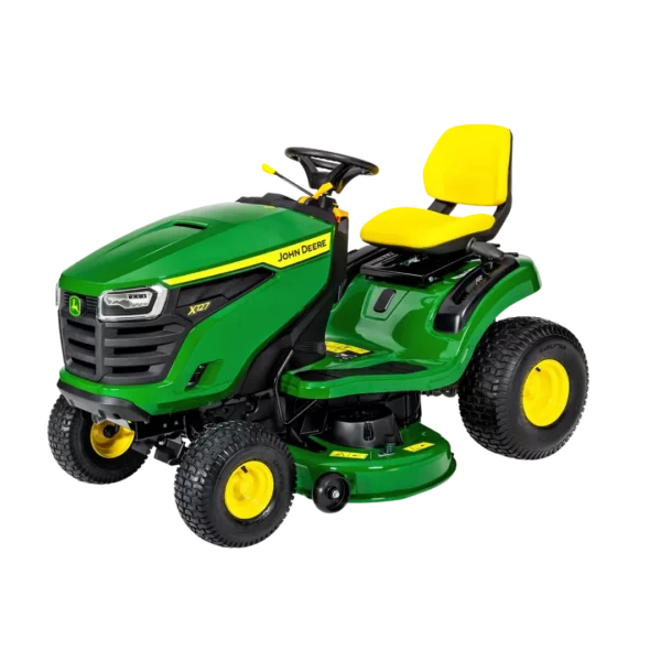 Tondeuse autoportée John Deere X127 avec éjection latérale, disponible chez Défi-Mat Jardin.