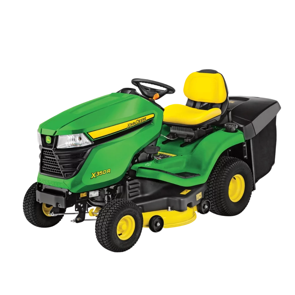 Tondeuse autoportée John Deere X350R avec système de ramassage intégré, disponible chez Défi-Mat Jardin.