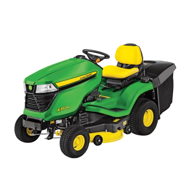 Tondeuse autoportée John Deere X350R avec système de ramassage intégré, disponible chez Défi-Mat Jardin.