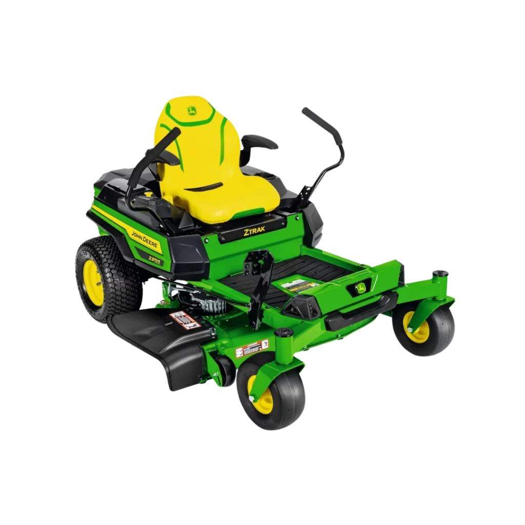 Tondeuse autoportée à rayon de braquage zéro John Deere Z370R à batterie, disponible chez Défi-Mat Jardin.