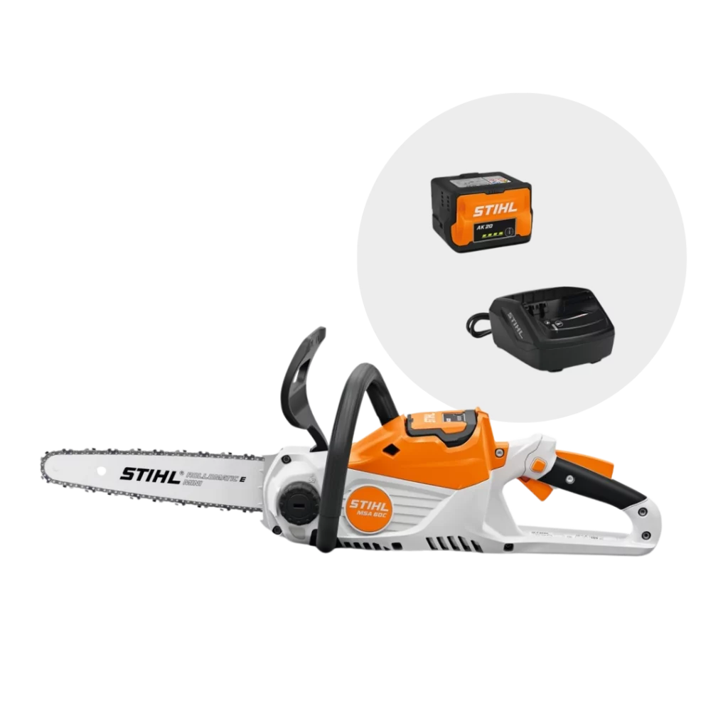 Tronçonneuse à batterie STIHL MSA 60 C-B PACK avec batterie et chargeur, disponible chez Défi-Mat Jardin.